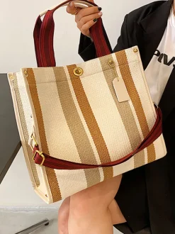 Striped Print Canvas Tote Shoulder Bags