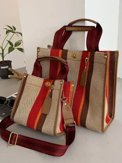 Striped Print Canvas Tote Shoulder Bags