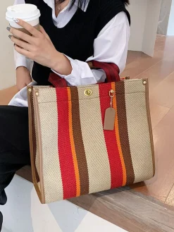 Striped Print Canvas Tote Shoulder Bags
