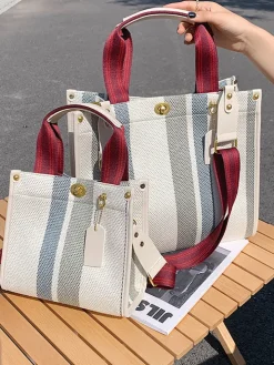 Striped Print Canvas Tote Shoulder Bags