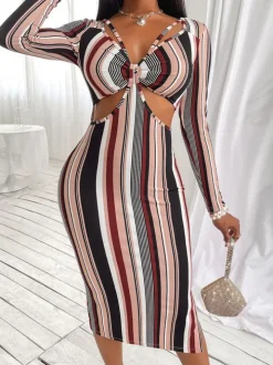 Striped Print Long Sleeve Midi Dress