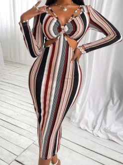 Striped Print Long Sleeve Midi Dress
