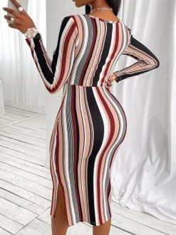 Striped Print Long Sleeve Midi Dress