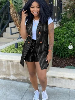 Stripes Casual Two Piece Blazer Vest Suit