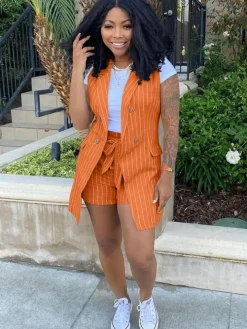 Stripes Casual Two Piece Blazer Vest Suit