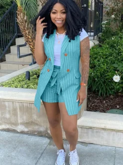 Stripes Casual Two Piece Blazer Vest Suit