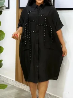 Studded Trim Oversized Shirt Midi Dress