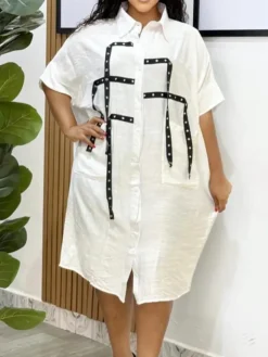 Studded Trim Oversized Shirt Midi Dress