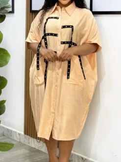 Studded Trim Oversized Shirt Midi Dress