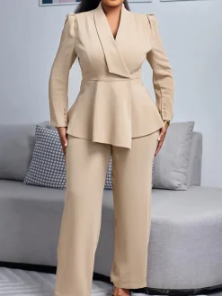 Tailored Lapel Peplum Blazer Pants Set