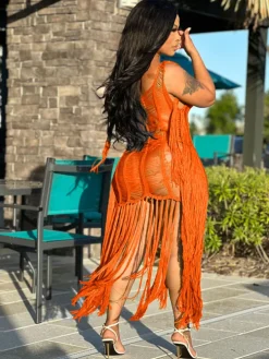 Tassel Hollow Out Fringed Beach Maxi Dress