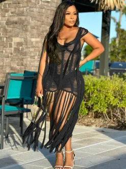 Tassel Hollow Out Fringed Beach Maxi Dress