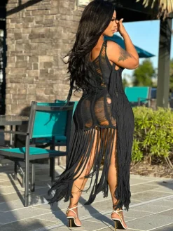 Tassel Hollow Out Fringed Beach Maxi Dress
