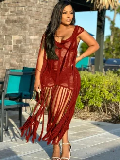 Tassel Hollow Out Fringed Beach Maxi Dress