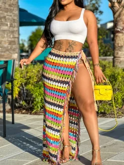 Tassel Slit Coverup Knit See Maxi Skirts