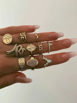 Ten Piece Snake Rhinestone Rings Set