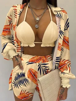 Three Piece Long Sleeve Ruffle Short Set