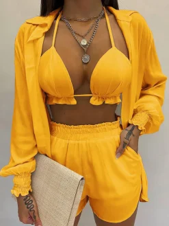 Three Piece Long Sleeve Ruffle Short Set