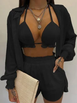 Three Piece Long Sleeve Ruffle Short Set