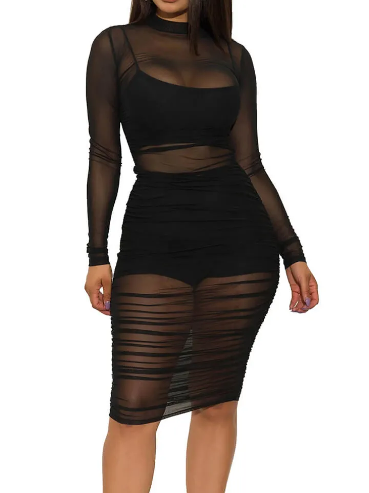 Three Piece Mesh Long Sleeve Solid Outfits