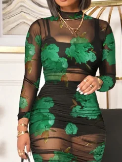 Three Piece Mesh Midi Dress Short Set