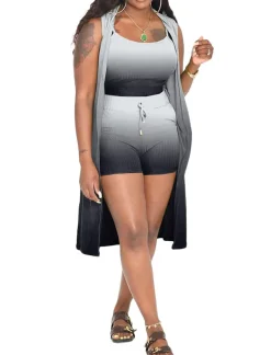 Three Piece Ribbed Sleeveless Cardigan u0026 Bodycon Shorts