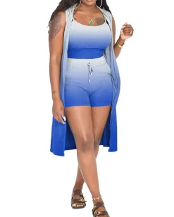 Three Piece Ribbed Sleeveless Cardigan u0026 Bodycon Shorts