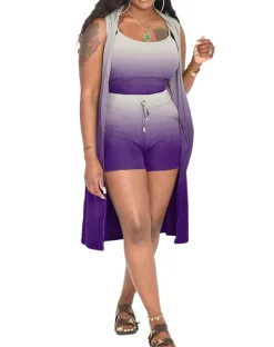 Three Piece Ribbed Sleeveless Cardigan u0026 Bodycon Shorts