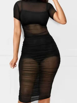 Three Piece Short Sleeve Mesh Ruched Midi Dress