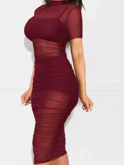 Three Piece Short Sleeve Mesh Ruched Midi Dress