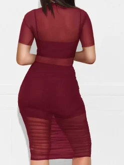 Three Piece Short Sleeve Mesh Ruched Midi Dress
