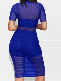 Three Piece Short Sleeve Mesh Ruched Midi Dress