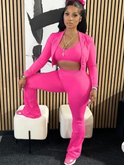 Three Piece Tank Top Short Jacket Pants Set