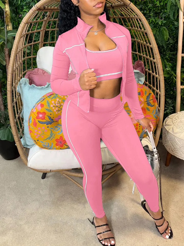 Three Pieces Crop Tank Jacket Leggings Sets