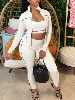 Three Pieces Crop Tank Jacket Leggings Sets