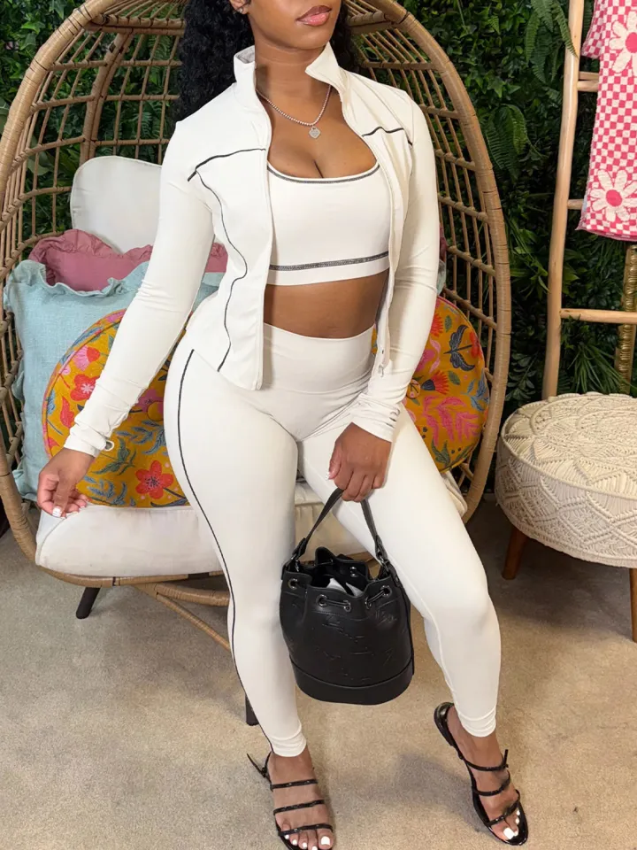 Three Pieces Crop Tank Jacket Leggings Sets