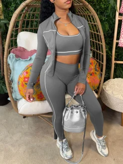 Three Pieces Crop Tank Jacket Leggings Sets