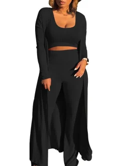 Three Pieces Set Crop Top Long Kimono Cardigan Pants