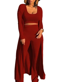 Three Pieces Set Crop Top Long Kimono Cardigan Pants