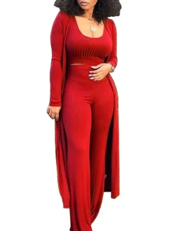 Three Pieces Set Crop Top Long Kimono Cardigan Pants