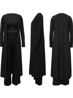 Three Pieces Set Crop Top Long Kimono Cardigan Pants
