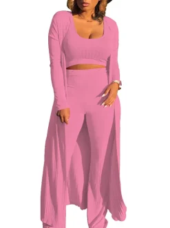 Three Pieces Set Crop Top Long Kimono Cardigan Pants