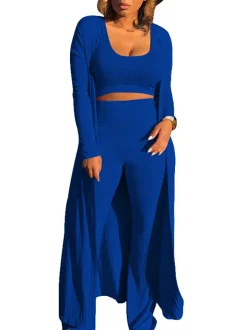 Three Pieces Set Crop Top Long Kimono Cardigan Pants