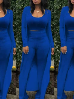 Three Pieces Set Crop Top Long Kimono Cardigan Pants