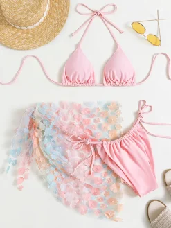 Three-Piece Halter Floral Mesh Skirt Swimsuit Set