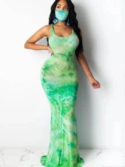 Tie Dye Leopard Print Square Neck Sleeveless Maxi Dress