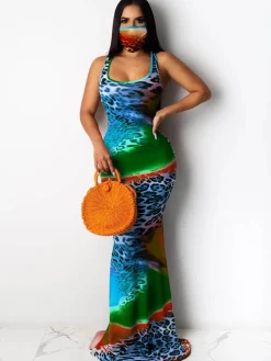 Tie Dye Leopard Print Square Neck Sleeveless Maxi Dress