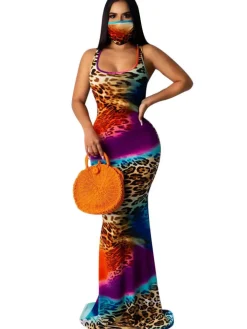 Tie Dye Leopard Print Square Neck Sleeveless Maxi Dress