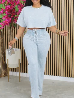 Tie-Dye Short Sleeve Crop Top Tie-Waist Pants Set