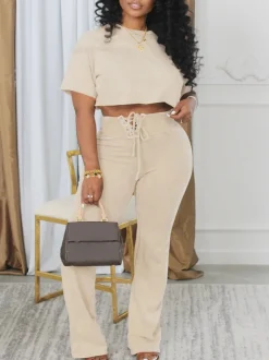 Tie-Dye Short Sleeve Crop Top Tie-Waist Pants Set